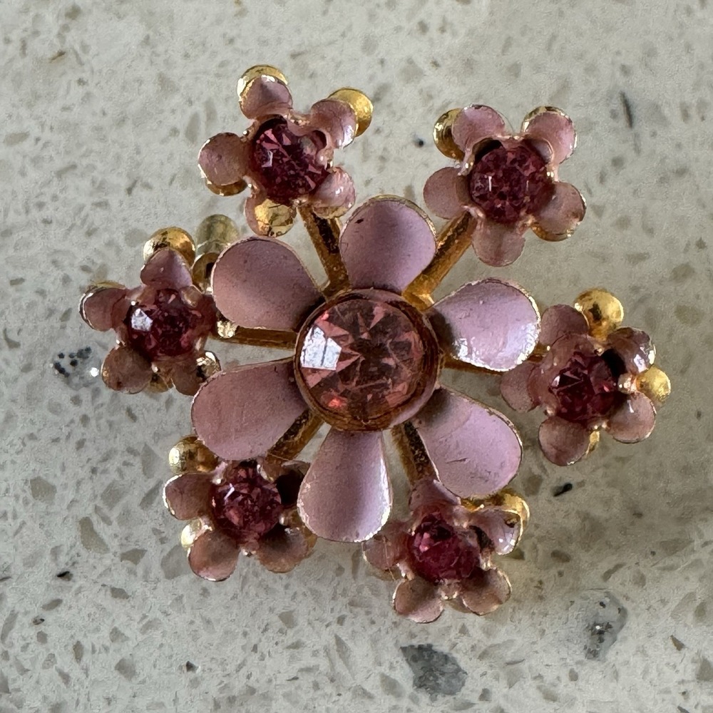 Vintage Pink Floral Rhinestone Gold Tone Mid-Century Starburst Small Brooch